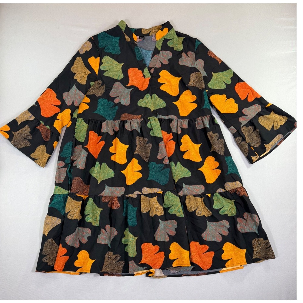 Fall Ginkgo Leaf Print Tiered Dress XL Boho Artsy Eclectic Lagenlook Cottagecore